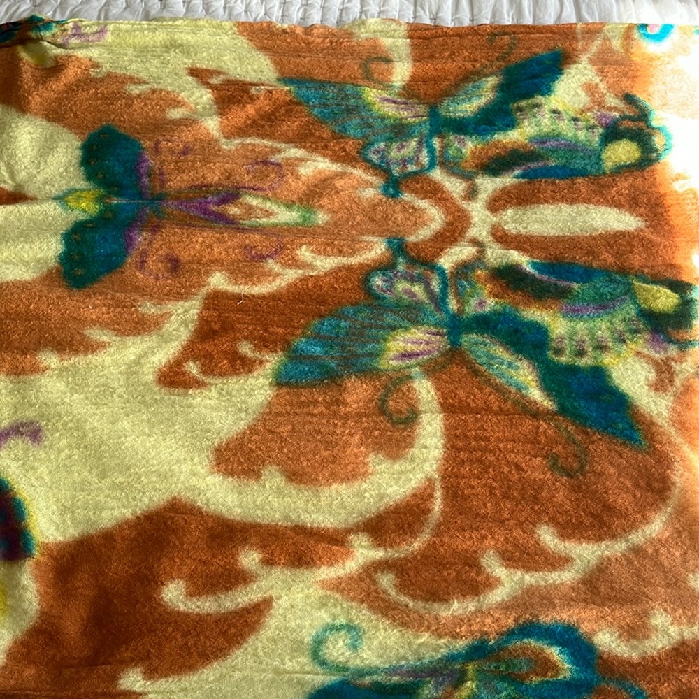 Vibrant wool scarf in golds, turquoise and purple. Large butterflies too!